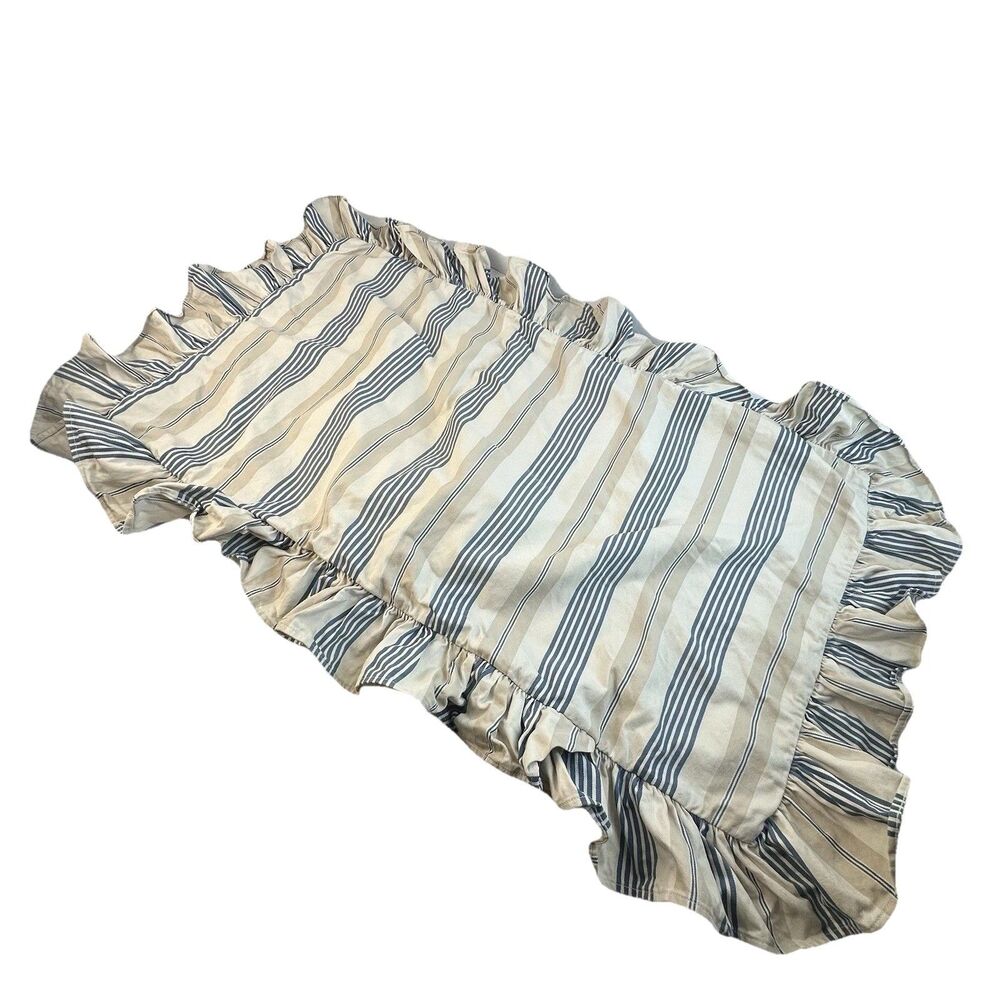 Polo Ralph Lauren Blue & Beige Stripes Ruffled Pillow Sham King Size USA Made